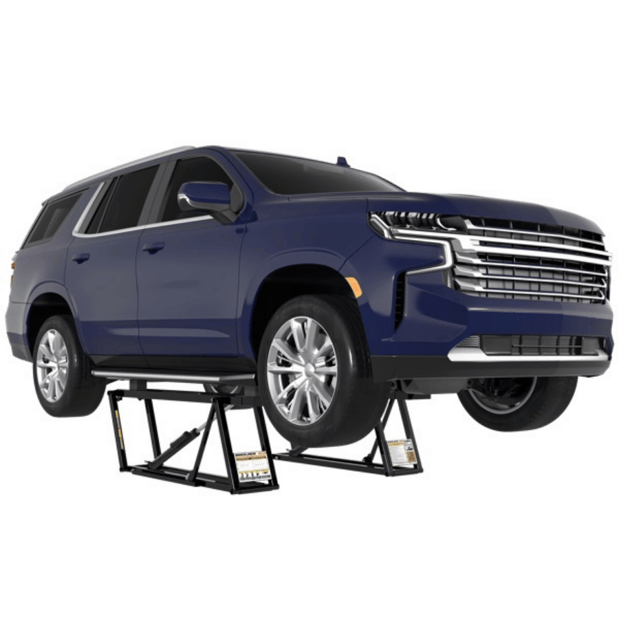 Blue SUV on a Quickjack 8000TL against a white background