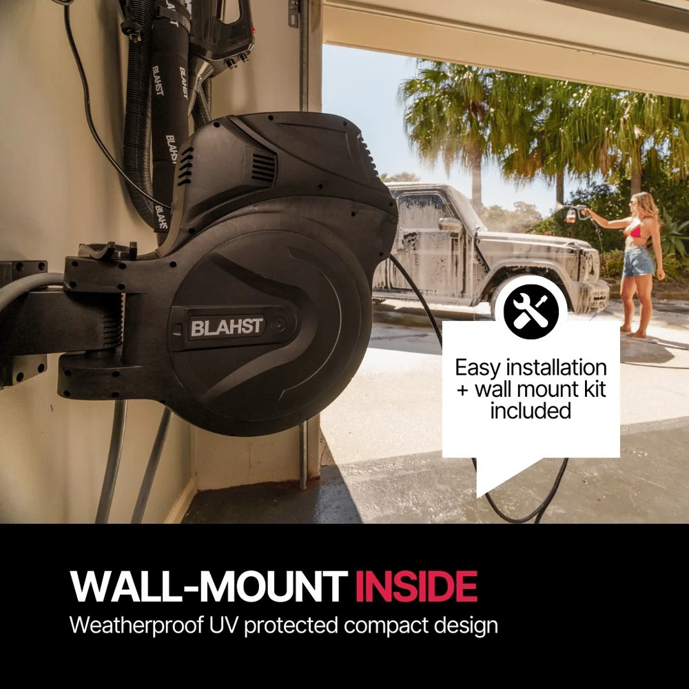 BLAHST product with wall mount feature and text about easy installation and weatherproof design.