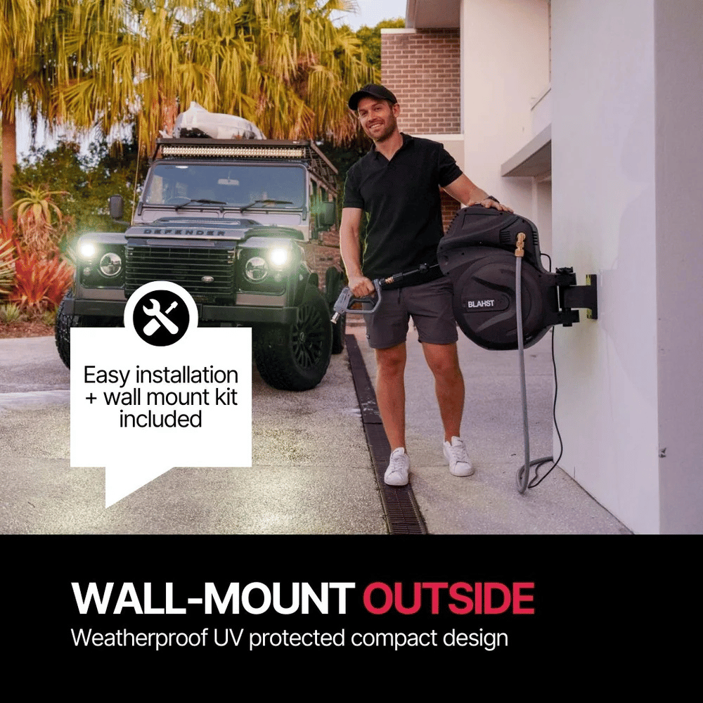 Man holding a wall-mounted R30 pressure washer with text about easy installation and weatherproof design.