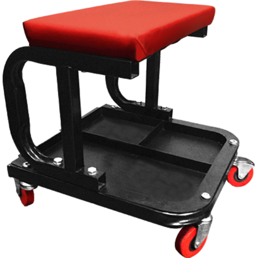 Mechanic's stool with red seat and black base on a white background