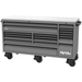 Gray tool bench with multiple drawers and wheels on a white background