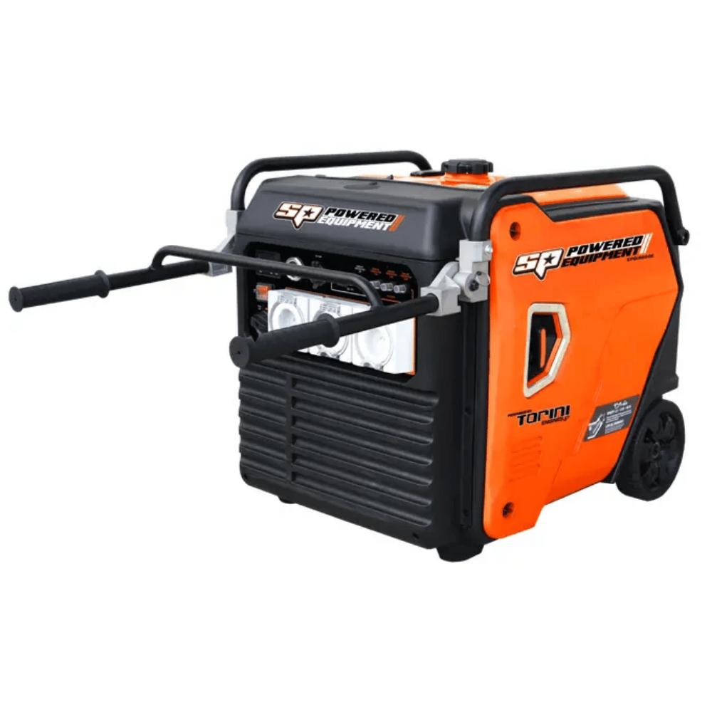 Orange and black inverter generator with 'SP Powered Equipment' branding on a white background