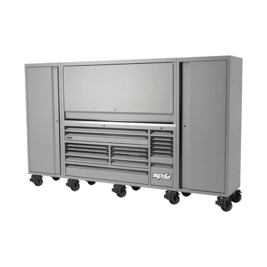 Gray sp tools workstation with multiple drawers and doors on a white background