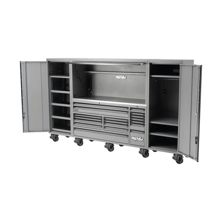 Large sp tools workstation with open doors on a white background