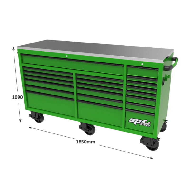 sptools green workstation rollcab with measurements