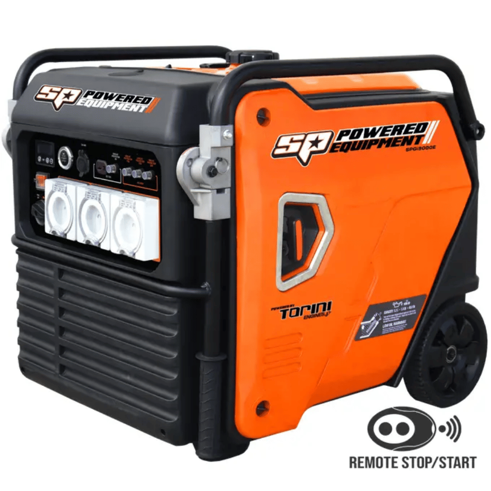 Orange and black portable generator with 'SP Powered Equipment' branding on a white background