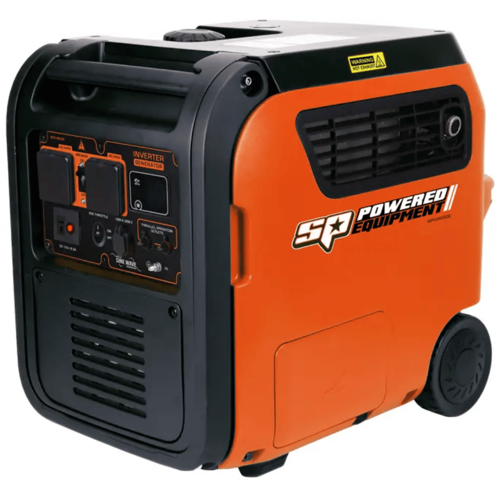 Orange and black portable generator with 'SP Powered Equipment' branding on a white background