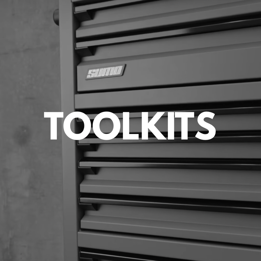 Gray tool cabinet with 'SUMO' brand logo and 'TOOLKITS' text on a gray background