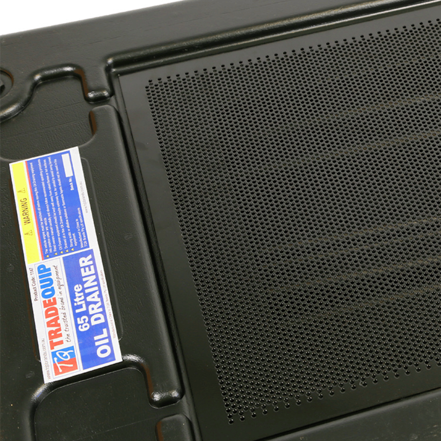 Black oil drain pan with a label on a white background