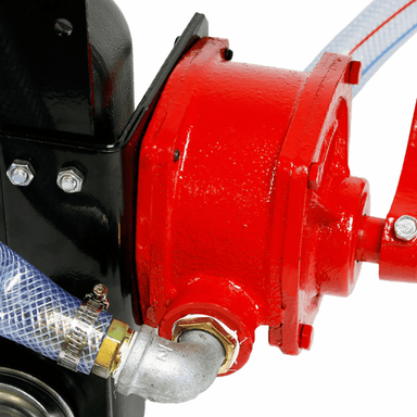 Red oil drain pan hand pump with hoses on a white background
