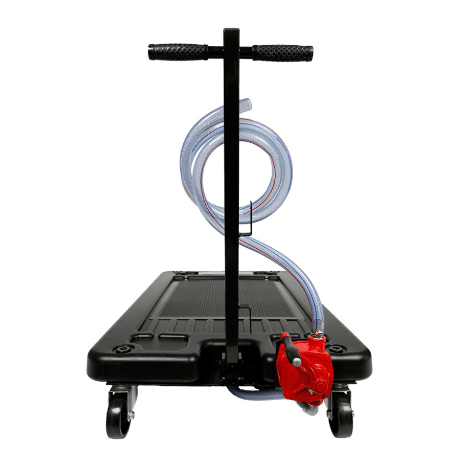 Black 65 litre oil drainer with a hose and red hand pump on a white background