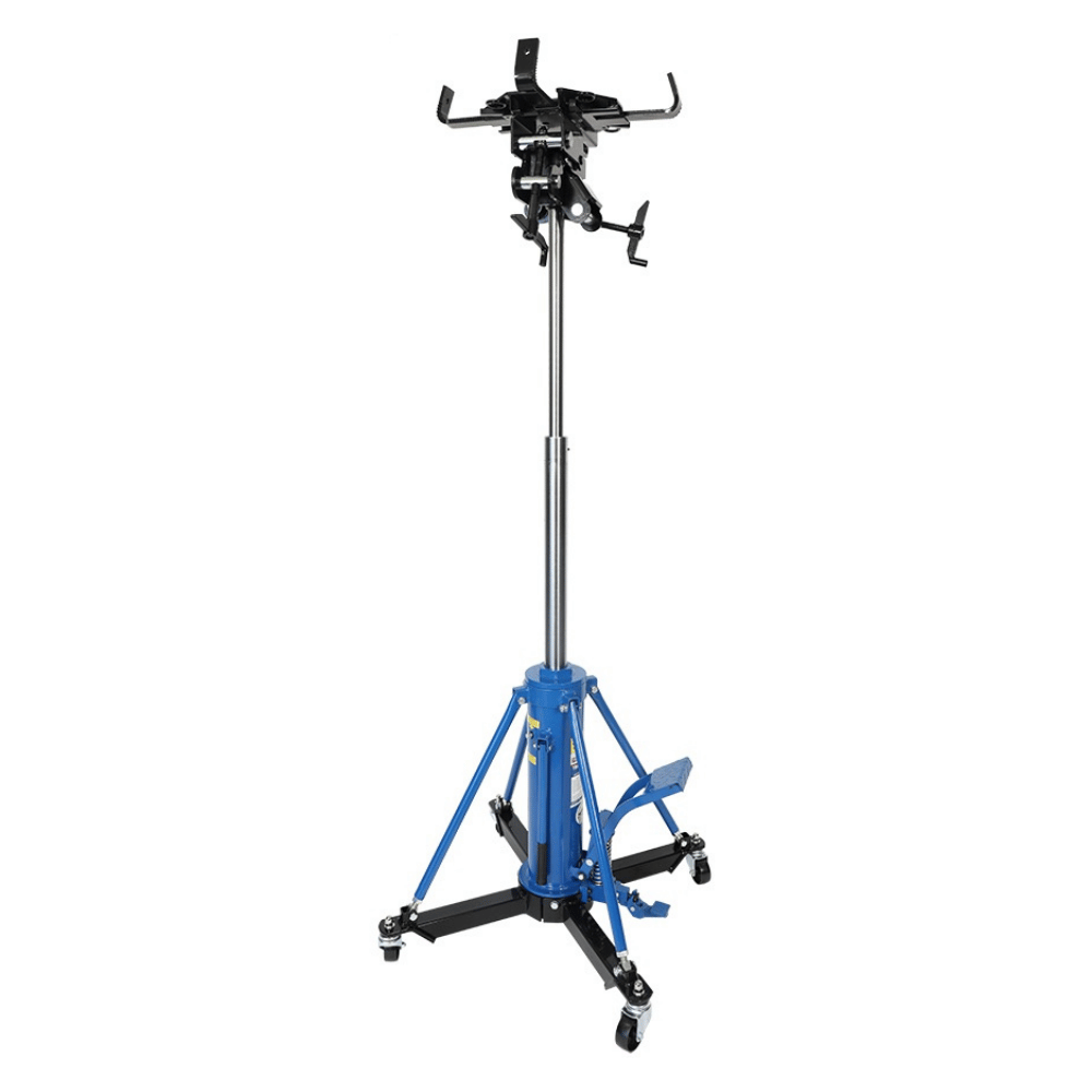 Tradequip 4x4 transmission lifter with blue base and black top on a white background