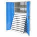 Blue storage cabinet with open doors revealing white shelves on a white background