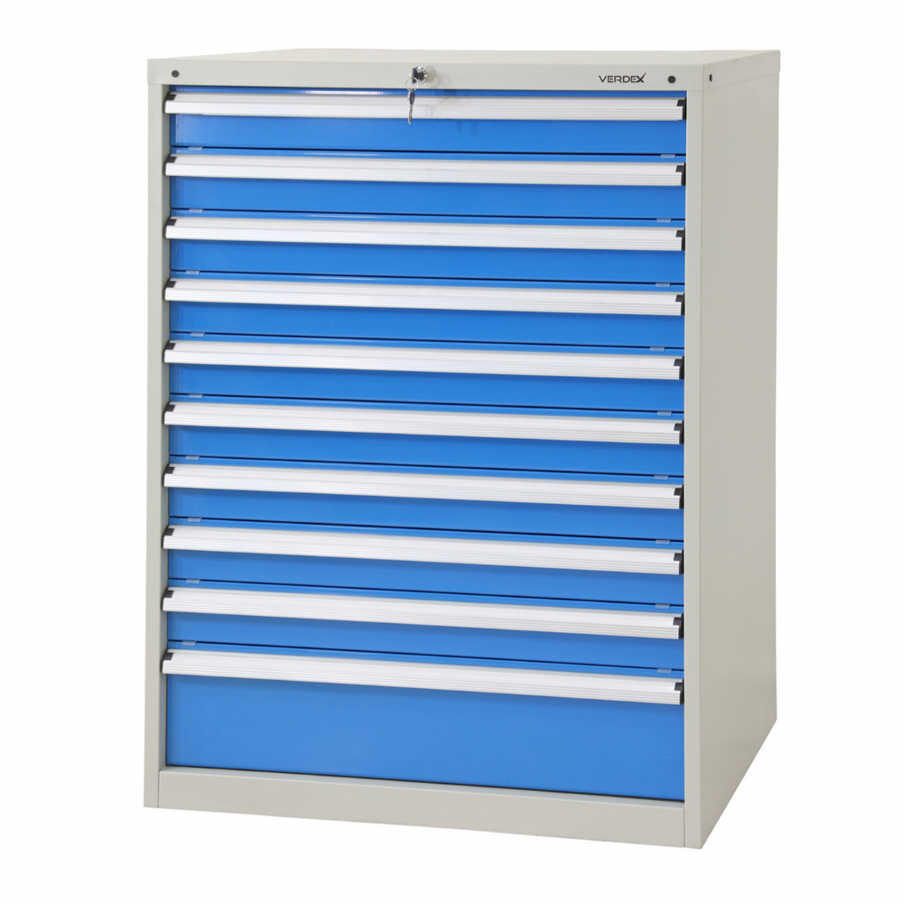Storage cabinet with blue drawers on a white background