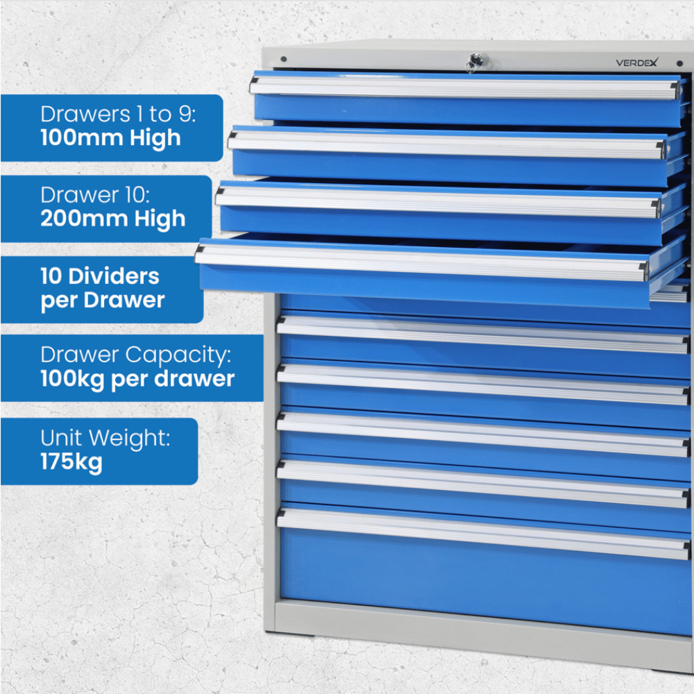 Blue storage cabinet with drawers and specifications on a white background