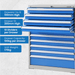 Blue storage cabinet with drawers and specifications on a white background