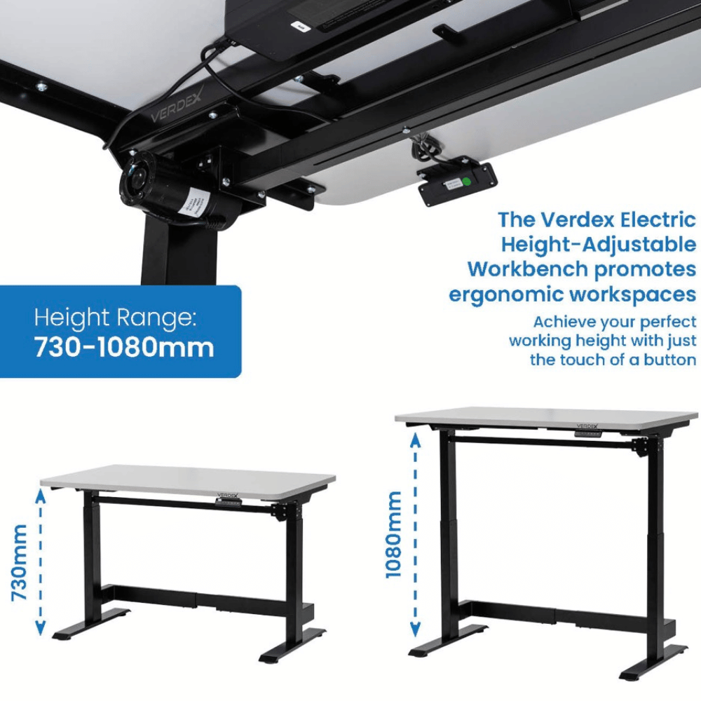 Verdex Electric Height-Adjustable Workbench with height range and ergonomic benefits displayed.