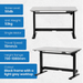 Ergonomic desk with specifications listed on a white background