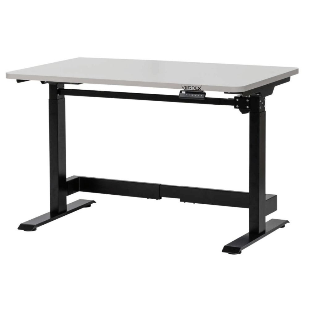 Adjustable height desk with white top and black frame on a white background