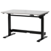 Adjustable height desk with white top and black frame on a white background