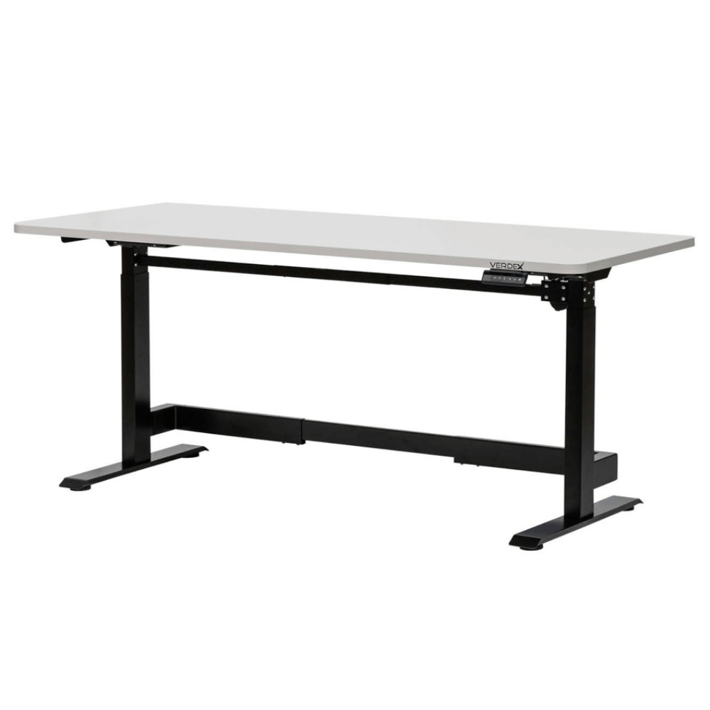 White desk with black metal frame on a white background