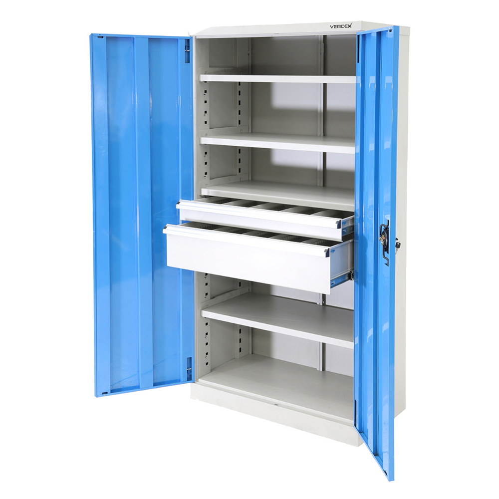Metal storage cabinet with blue doors and multiple shelves and 2 drawers on a white background