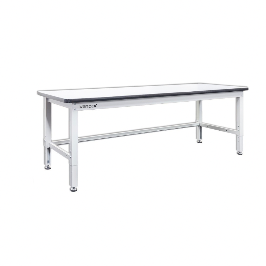 Workbench with black top and silver frame on a white background