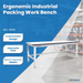 Ergonomic industrial packing work bench with product details on a blue background