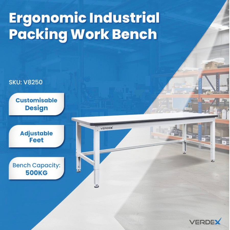 Ergonomic industrial packing work bench with product details on a blue background
