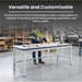 Person working on a large workbench in a warehouse setting with text highlighting the table's versatility and customizability.