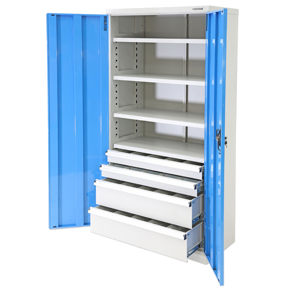 Storage cabinet with blue doors and 4 drawers on a white background