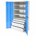 Storage cabinet with blue doors and 4 drawers on a white background