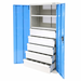 Blue storage cabinet with open doors revealing 5 drawers and shelves.