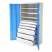 White storage cabinet with blue doors and six drawers on a white background