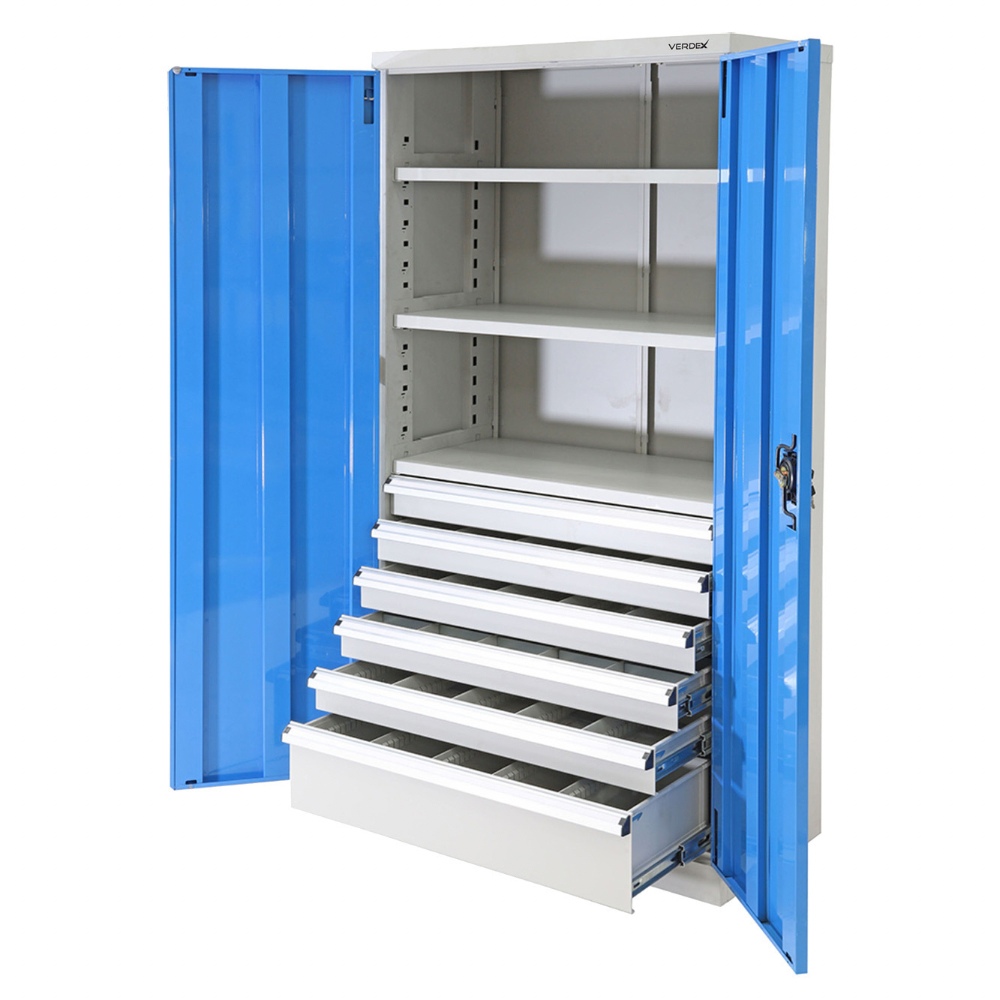 Storage cabinet with blue doors and 6 drawers on a white background