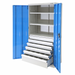 Storage cabinet with blue doors and 6 drawers on a white background