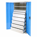 Blue storage cabinet with 7 drawers on a white background