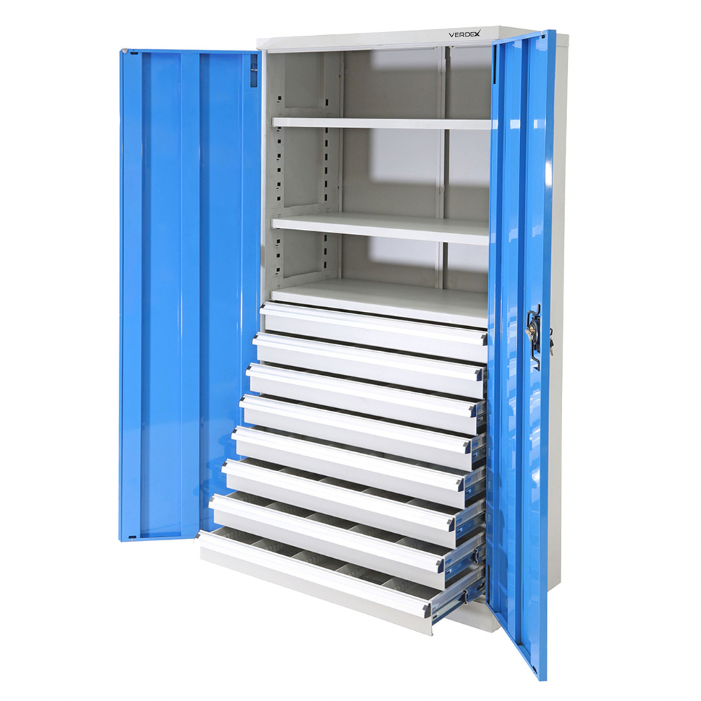 Storage cabinet with blue doors and white shelves on a white background