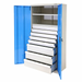 Storage cabinet with blue doors and 8 drawers on a white background