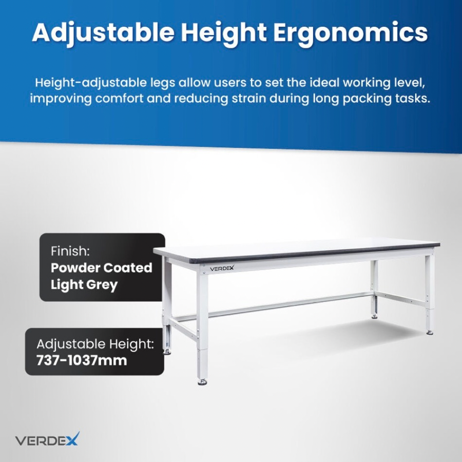 Adjustable height work table with VERDEX branding on a white background