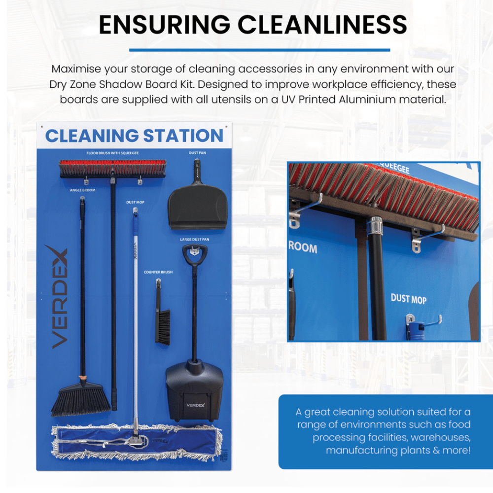 Verdex cleaning station with various cleaning tools on a blue background