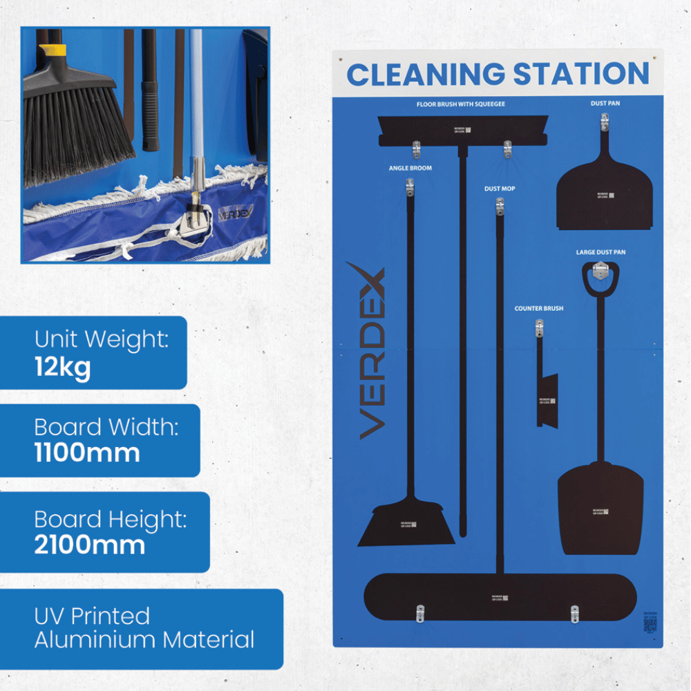 Cleaning station with various cleaning tools and Verdex branding on a blue background.