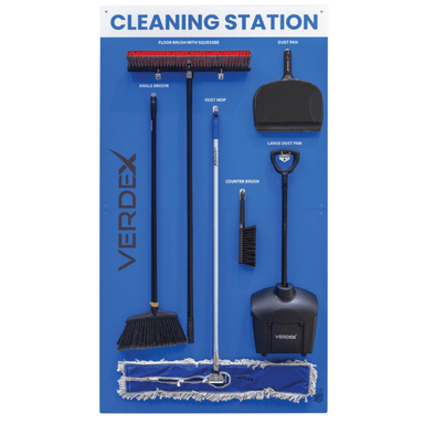 Verdex cleaning station with broom, dust pan, and other cleaning tools on a blue background