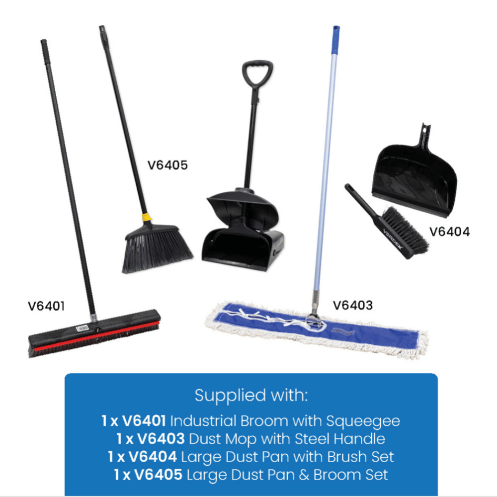 Set of cleaning tools including brooms, dust pans, and a dust mop on a white background.