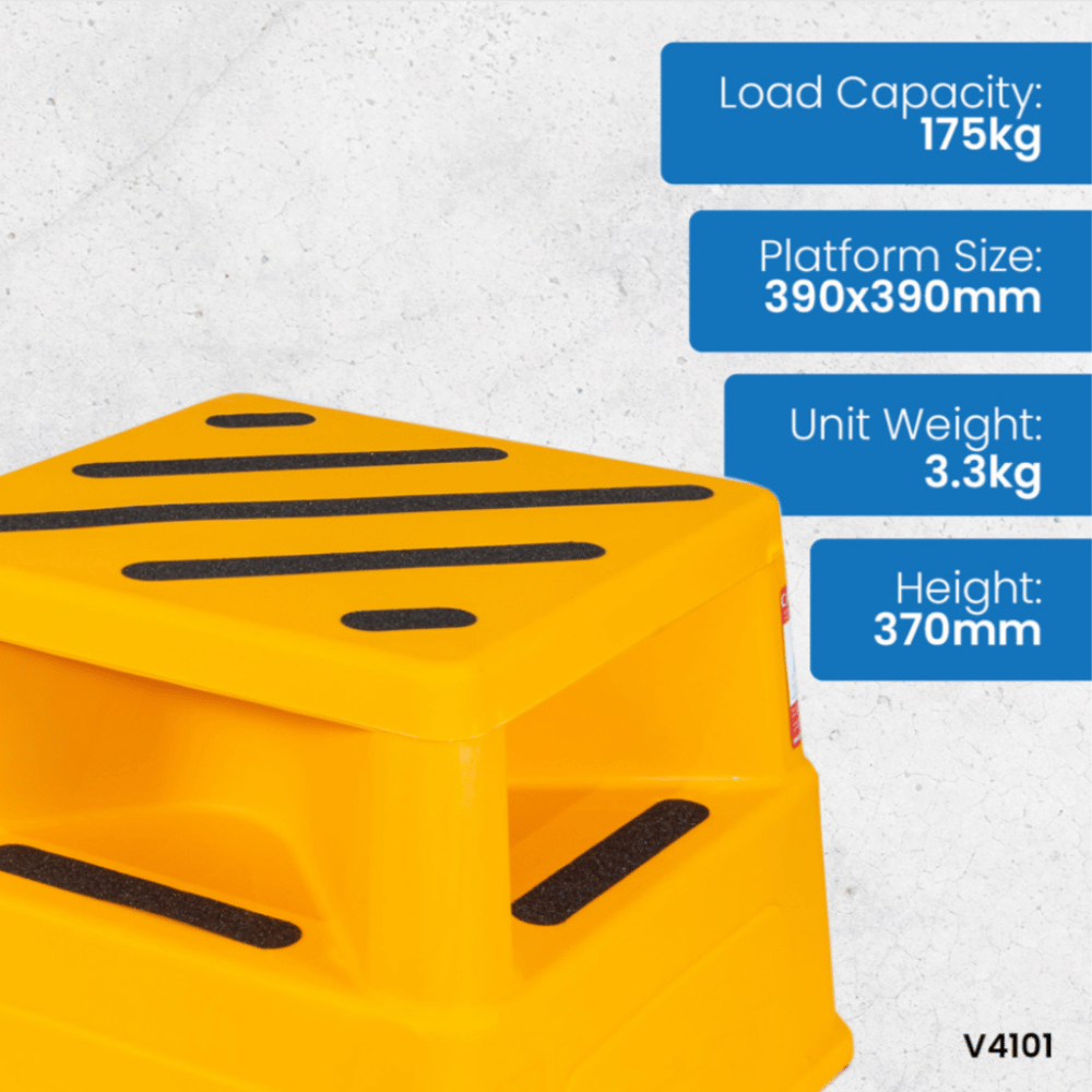 Yellow step stool with load capacity, platform size, unit weight, and height information on a white background.