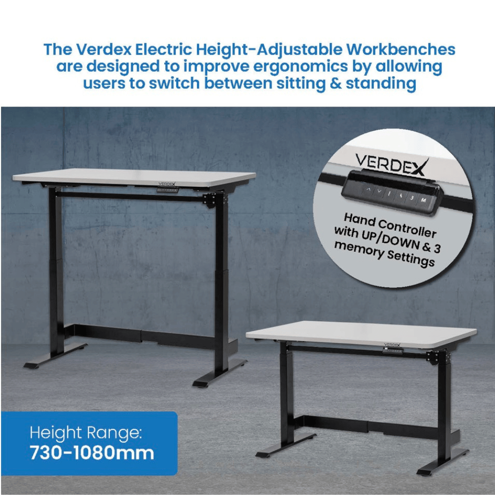 Verdex electric height-adjustable workbenches with a hand controller on a gray background