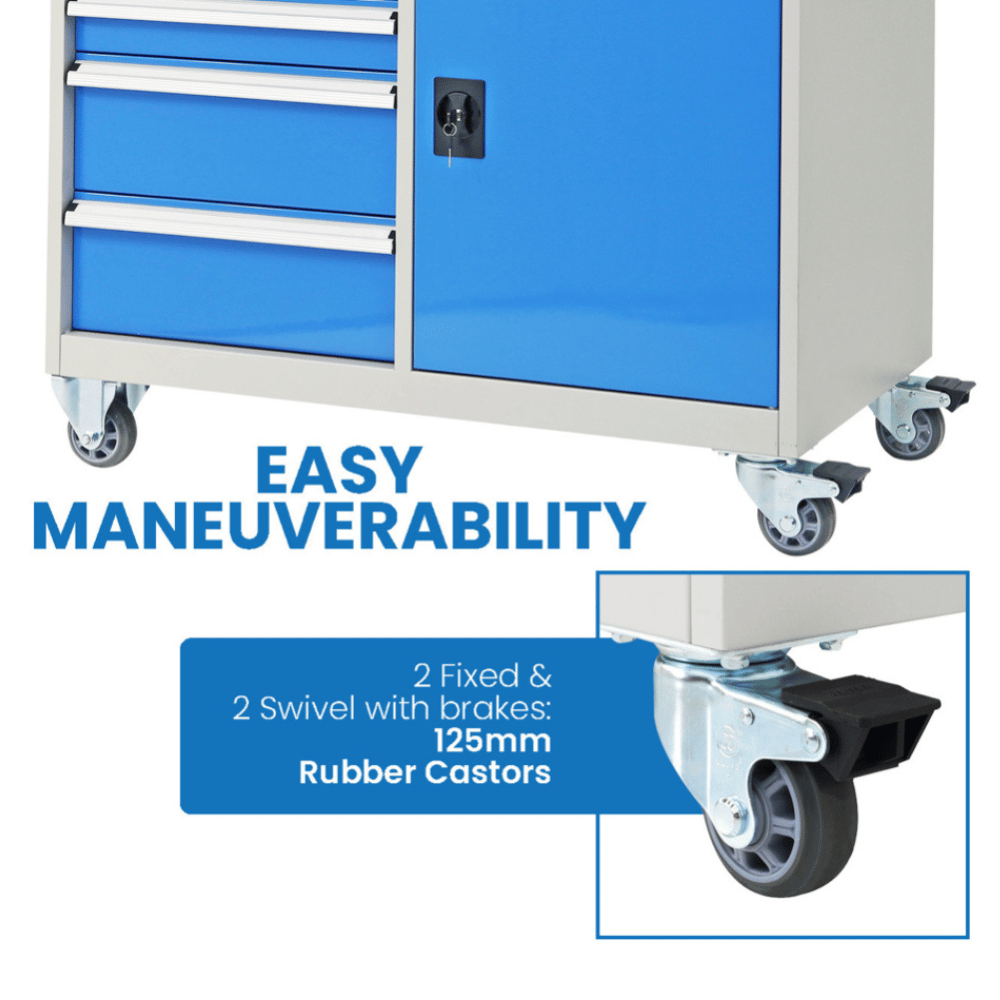Tool chest with blue drawers and wheels, emphasizing easy maneuverability.