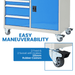 Tool chest with blue drawers and wheels, emphasizing easy maneuverability.