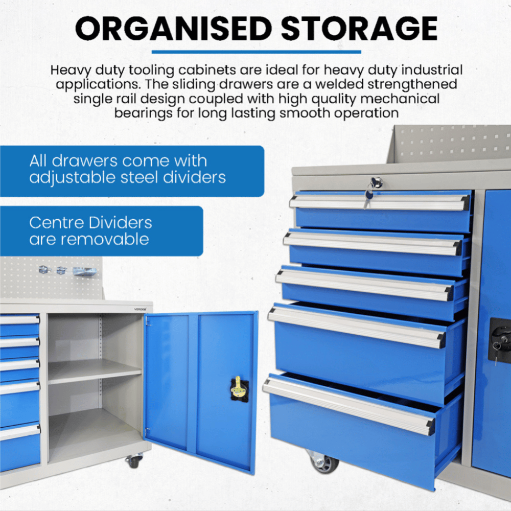 Blue tool cabinet with drawers and open door on a white background, featuring text about storage solutions.