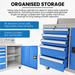 Blue tool cabinet with drawers and open door on a white background, featuring text about storage solutions.